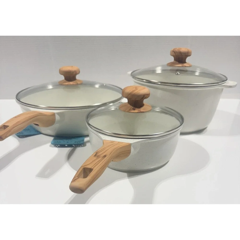 THE PIONEER WOMAN Cookware Set - Cream Speckle Wood Handles 6pc Set - NEW